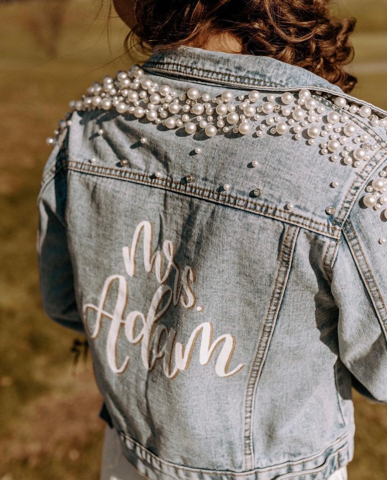 Hand Lettered + Painted Pearl Denim Bridal Jacket